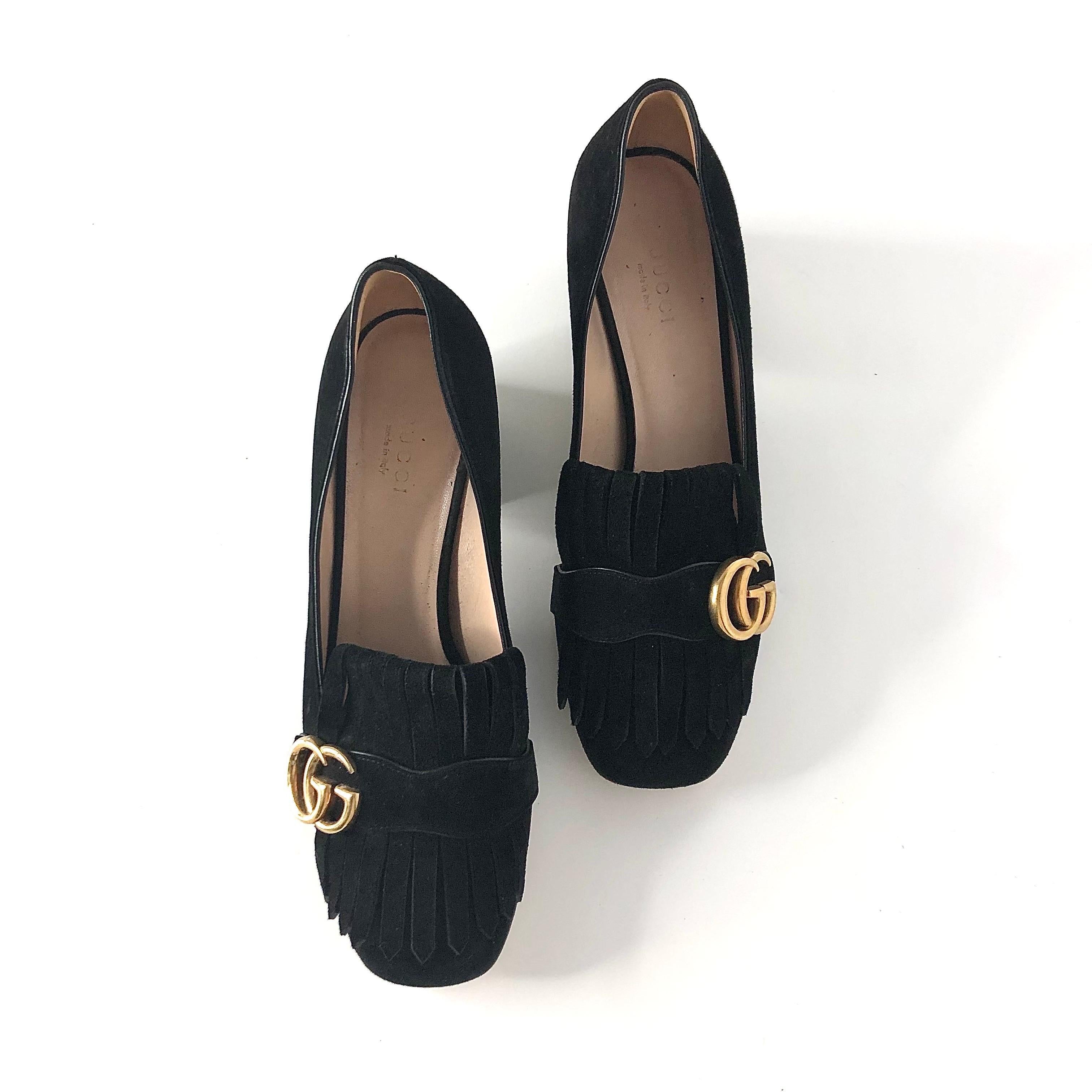 Gucci Marmont Fringe Suede Platform Loafer Pumps 37.5 Negro en venta