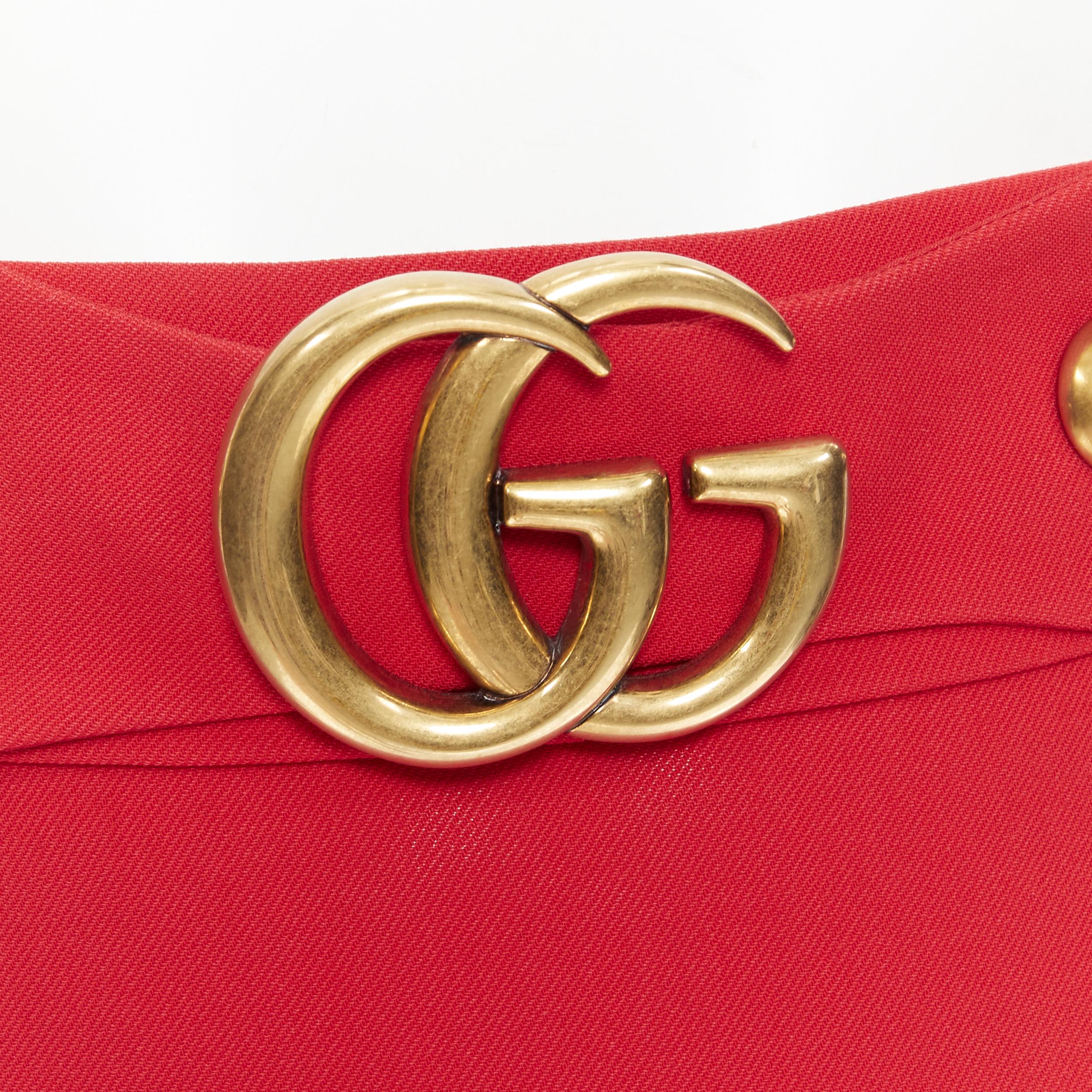 GUCCI Marmont GG buckle red wool silk crepe A line skirt IT38 XS 
Reference: TGAS/B01016 
Brand: Gucci 
Designer: Alessandro Michele 
Material: Wool 
Color: Red 
Pattern: Solid 
Closure: Zip 
Extra Detail: Signature antique finished GG Marmont