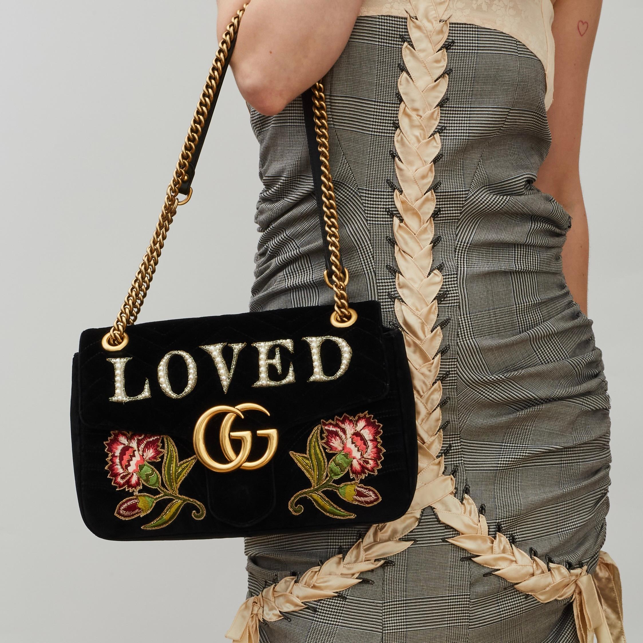 Women's Gucci Marmont Gg Embroidered Velvet Love Shoulder Bag (443496) Medium