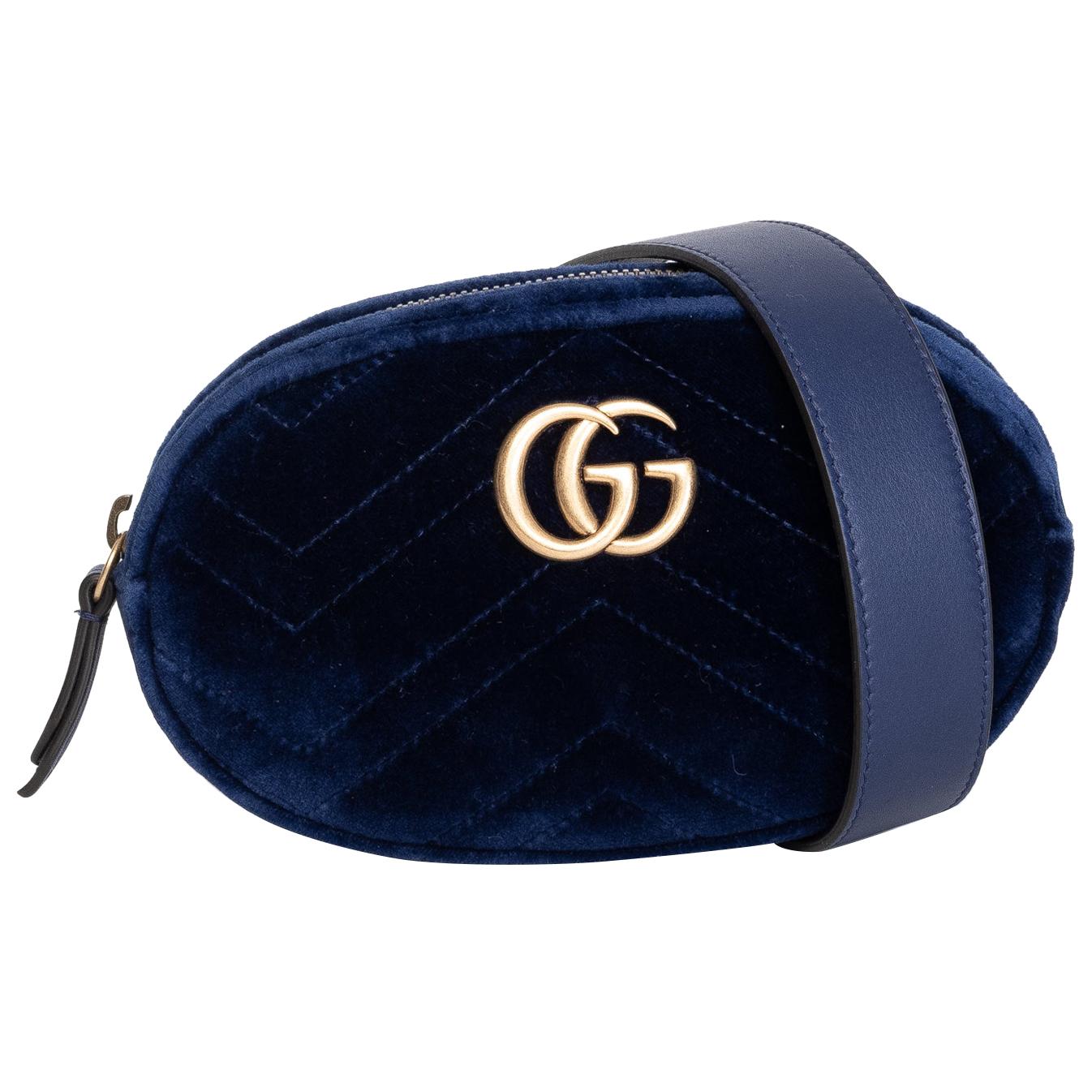 Gucci Marmont Matlasse Navy Velvet Belt Bag