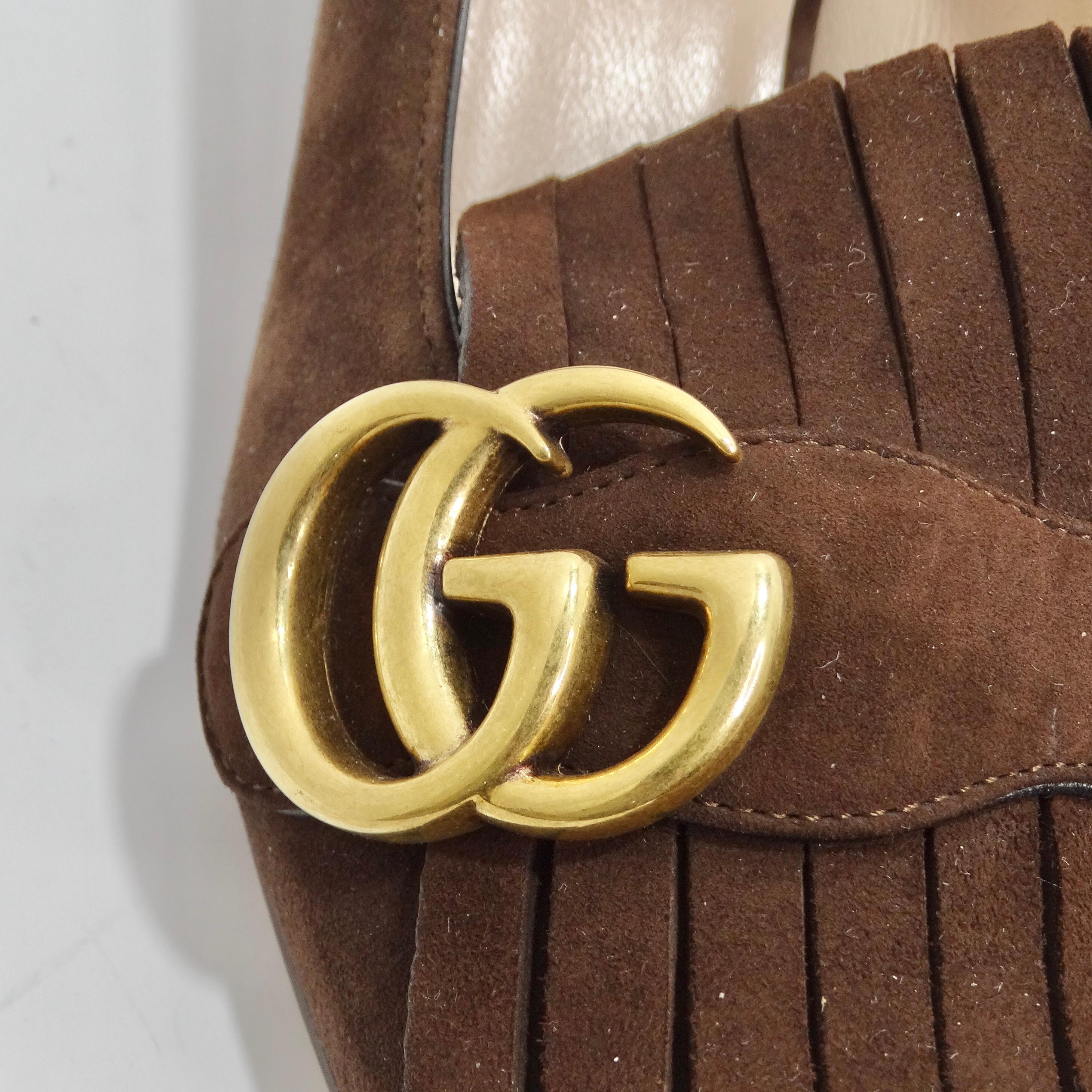 Women's or Men's Gucci Marmont Mid-Heel Fringe Pumps in Brown Suede