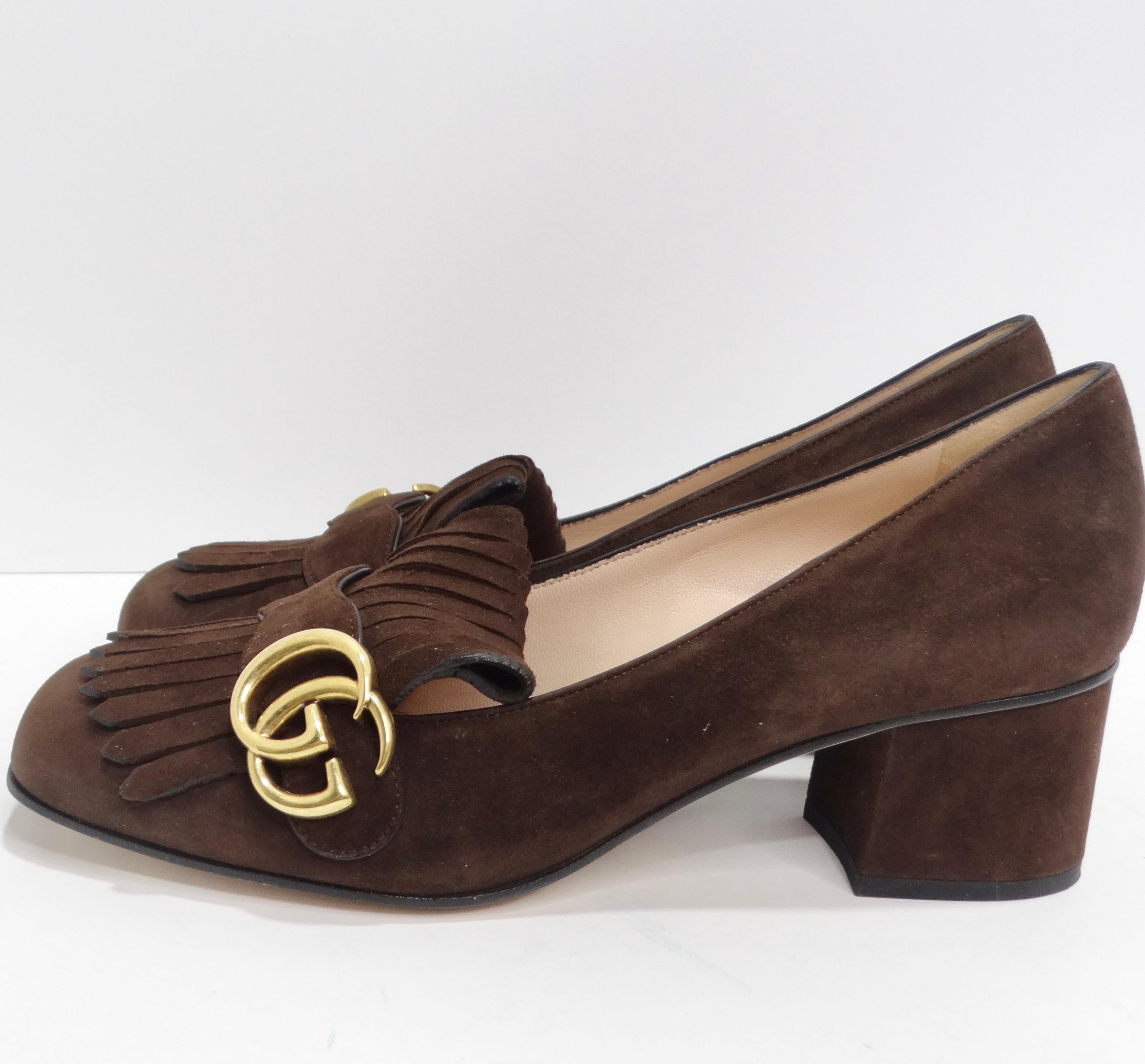 Gucci Marmont Mid-Heel Fringe Pumps in Brown Suede 4