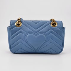 Gucci Marmont Mini Flap Blue Calfskin Leather Handbag Gold Hardware