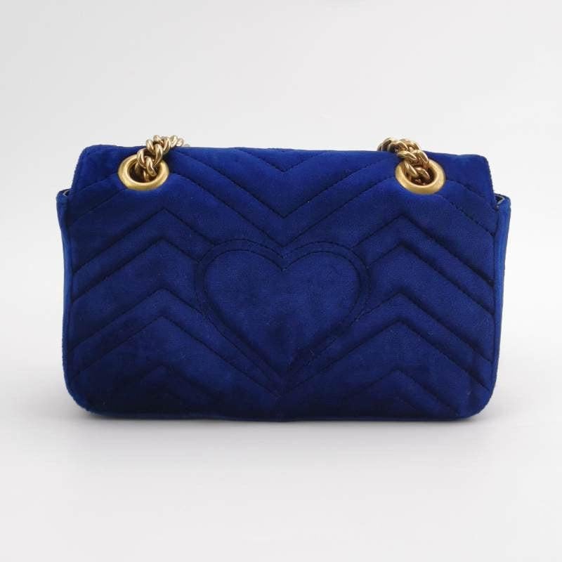 Gucci Marmont Mini Flap Navy Velvet Handbag In Good Condition In AUBERVILLIERS, FR