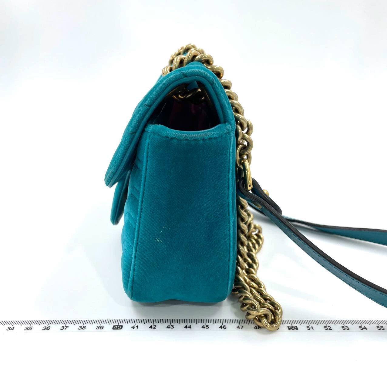 Women's Gucci Marmont Small Flap Turquoise Blue Velvet Handbag For Sale
