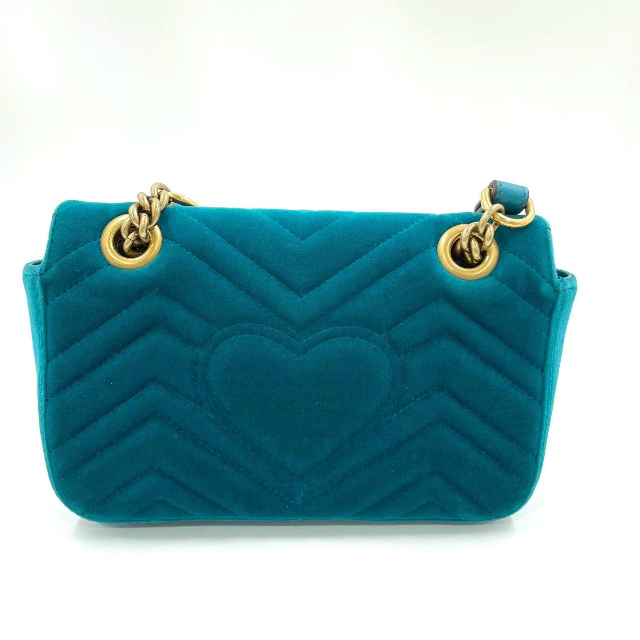 Gucci Marmont Small Flap Turquoise Blue Velvet Handbag For Sale 2