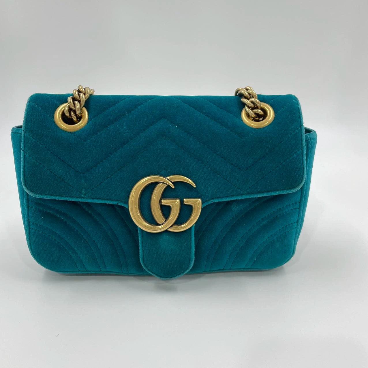 Gucci Marmont Small Flap Turquoise Blue Velvet Handbag For Sale 5