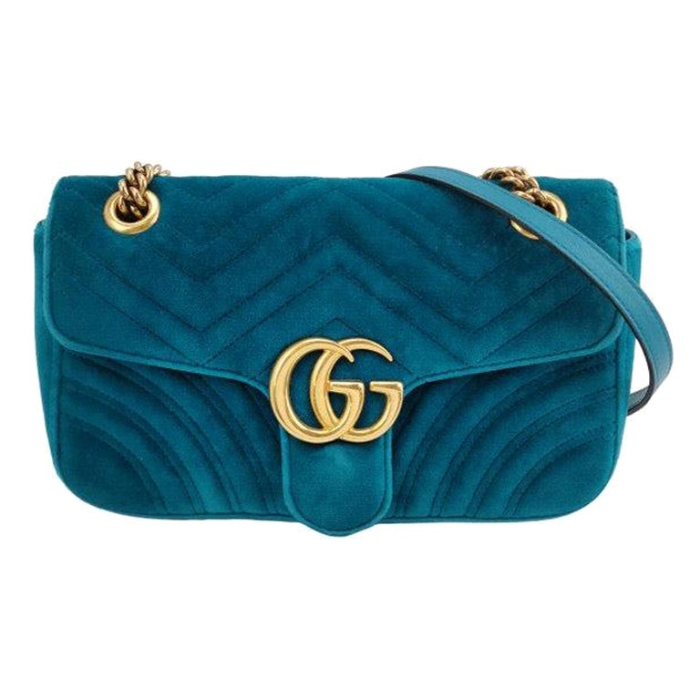 Gucci Marmont Small Flap Borsa in velluto blu turchese in vendita