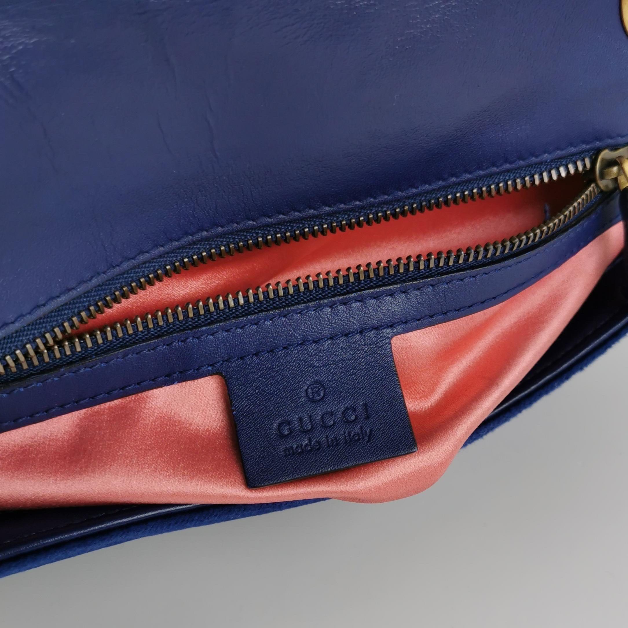 Gucci Marmont Small Flap Turquoise Navy Velvet Handbag For Sale 6