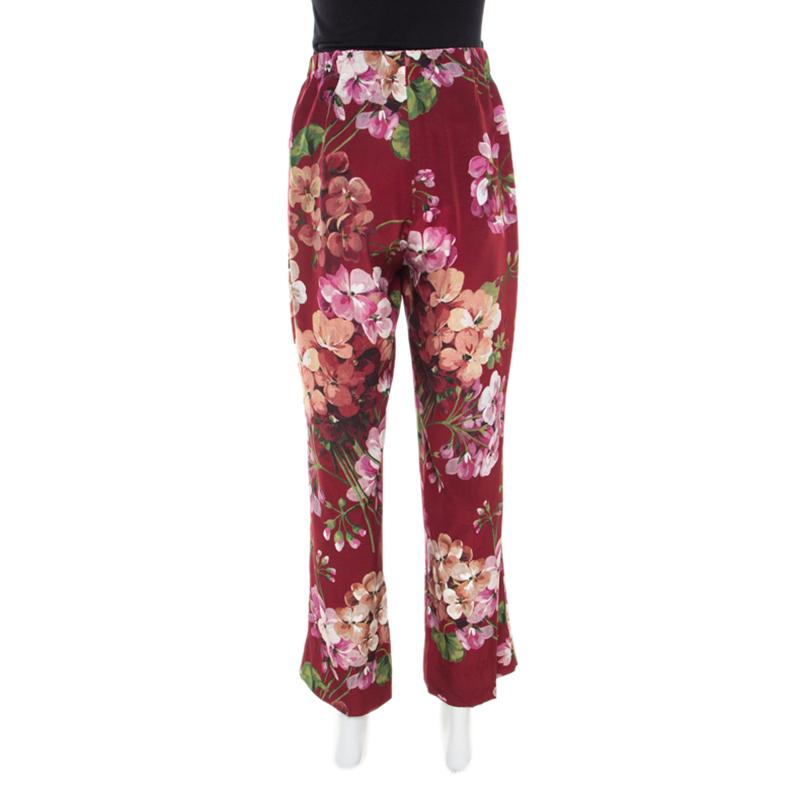 Brown Gucci Maroon Cerise Blooms Printed Silk Crepe de Chine Pajama Pants L