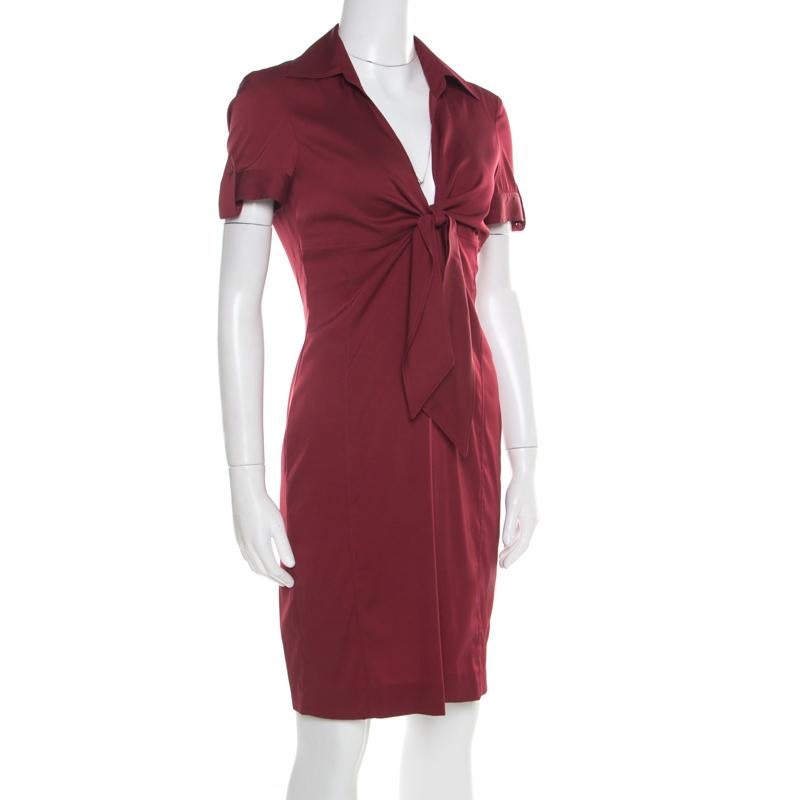 Brown Gucci Maroon Front Tie Detail Short Sleeve Dress M