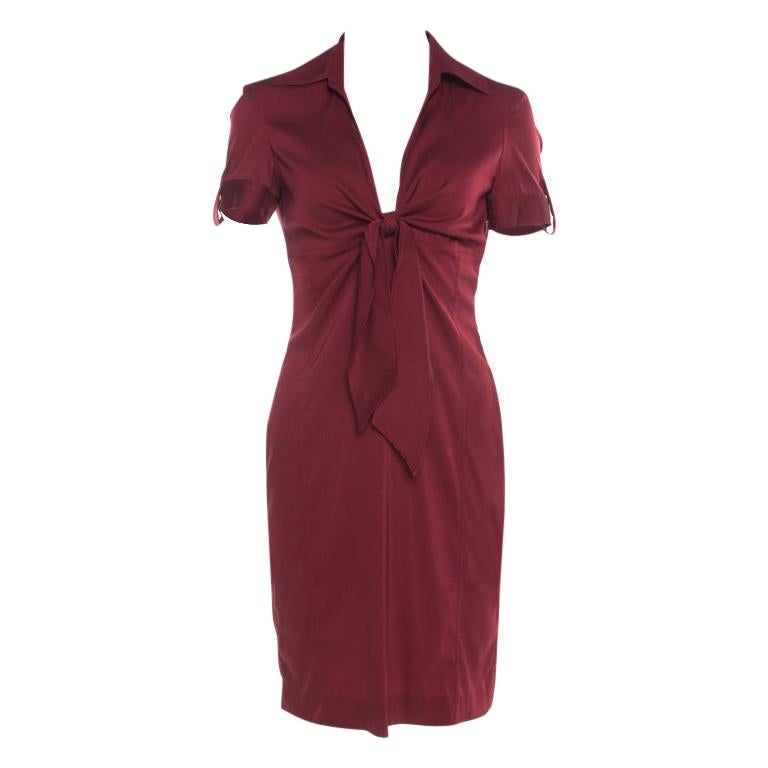 Gucci Maroon Front Tie Detail Short Sleeve Dress M For Sale at 1stDibs