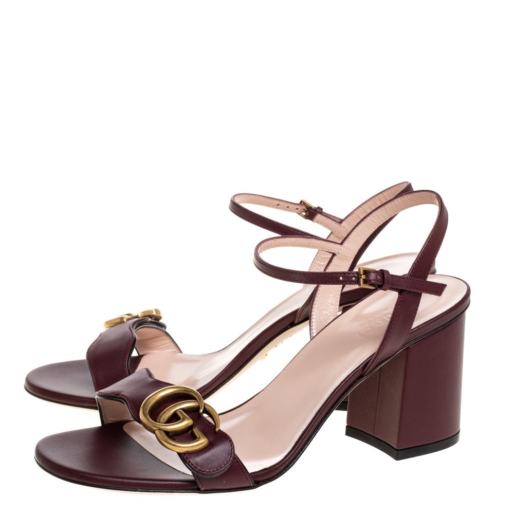 Black Gucci Maroon Leather Marmont Block Heel Ankle Strap Sandals Size 37.5