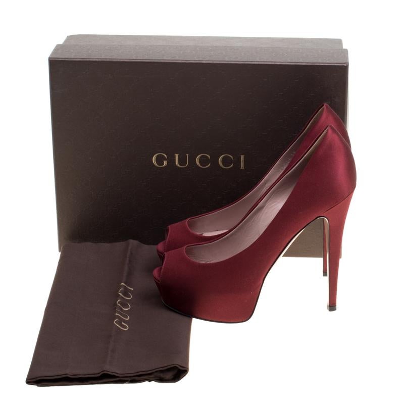 Gucci Maroon Satin Lili Peep Toe Platform Pumps Size 38 3