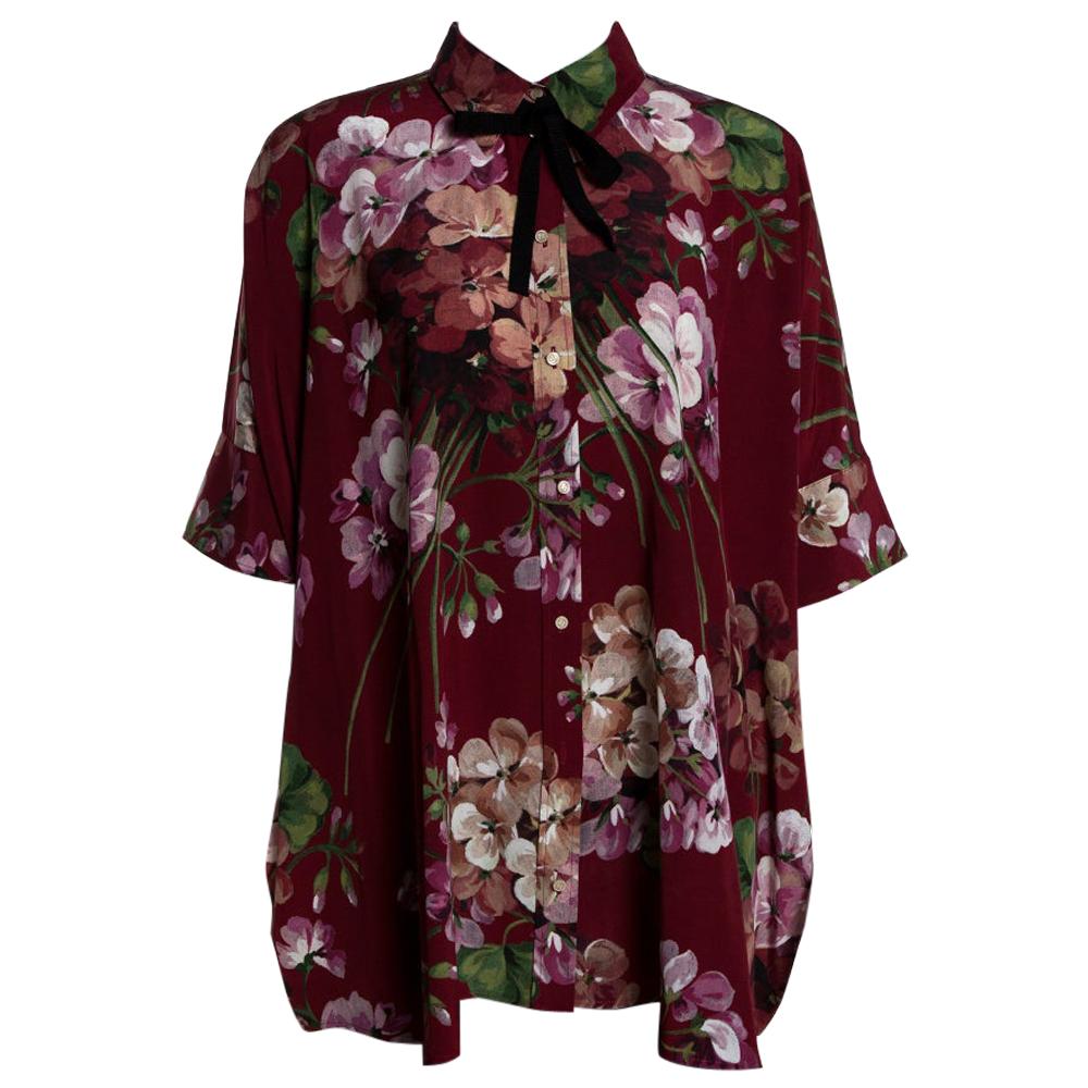 Gucci Maroon Silk Floral Printed Cape Shirt M
