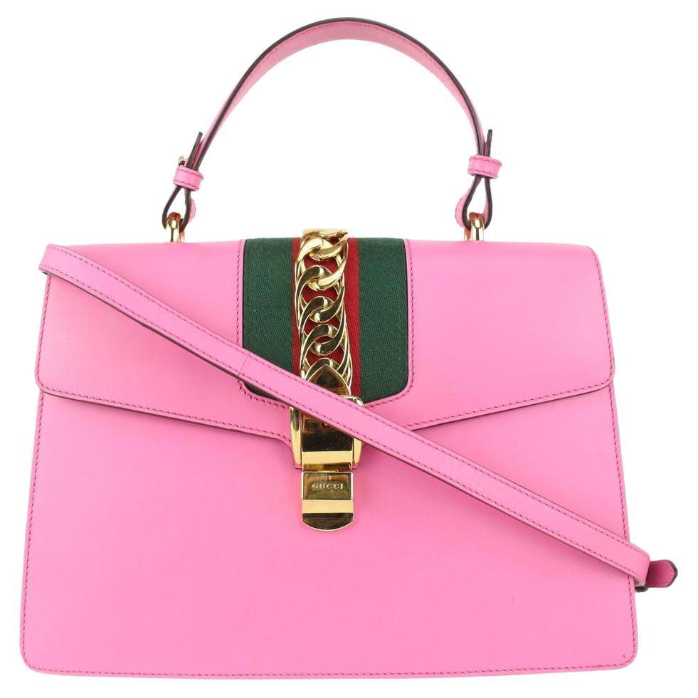 Gucci Maxi Large Pink Leather Sylvie Web Flap Top Handle Crossbody 66ggs723