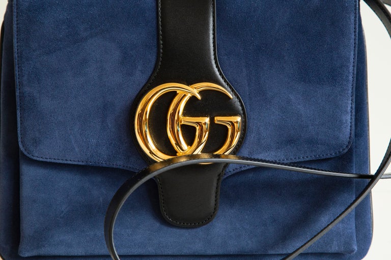 Gucci Medium Arli Flap Shoulder Bag in Blue Suede and Black Leather For