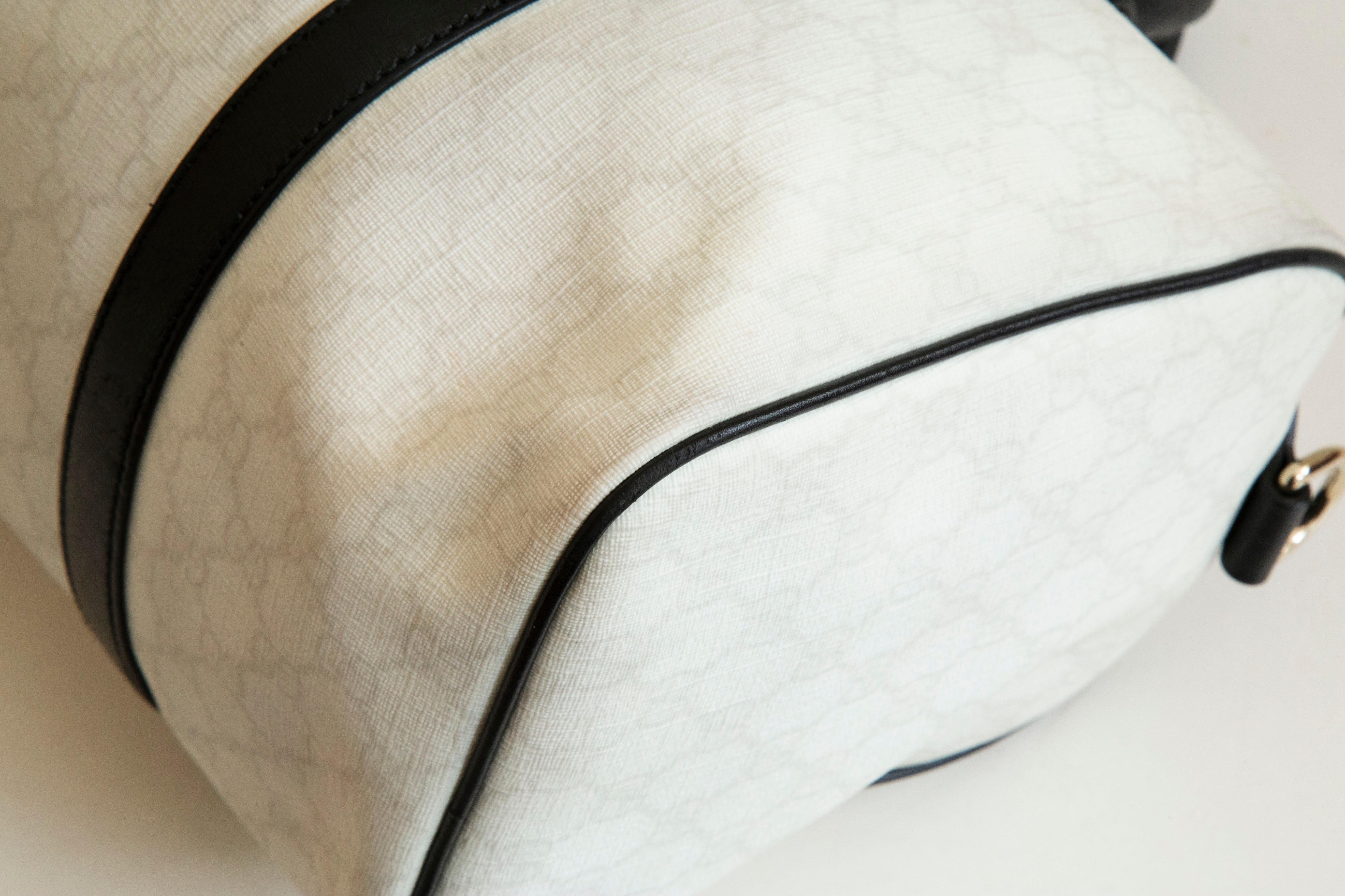 Gucci Medium Joy Boston Bag in White GG Coated Canvas & Black Leather Trim For Sale 1