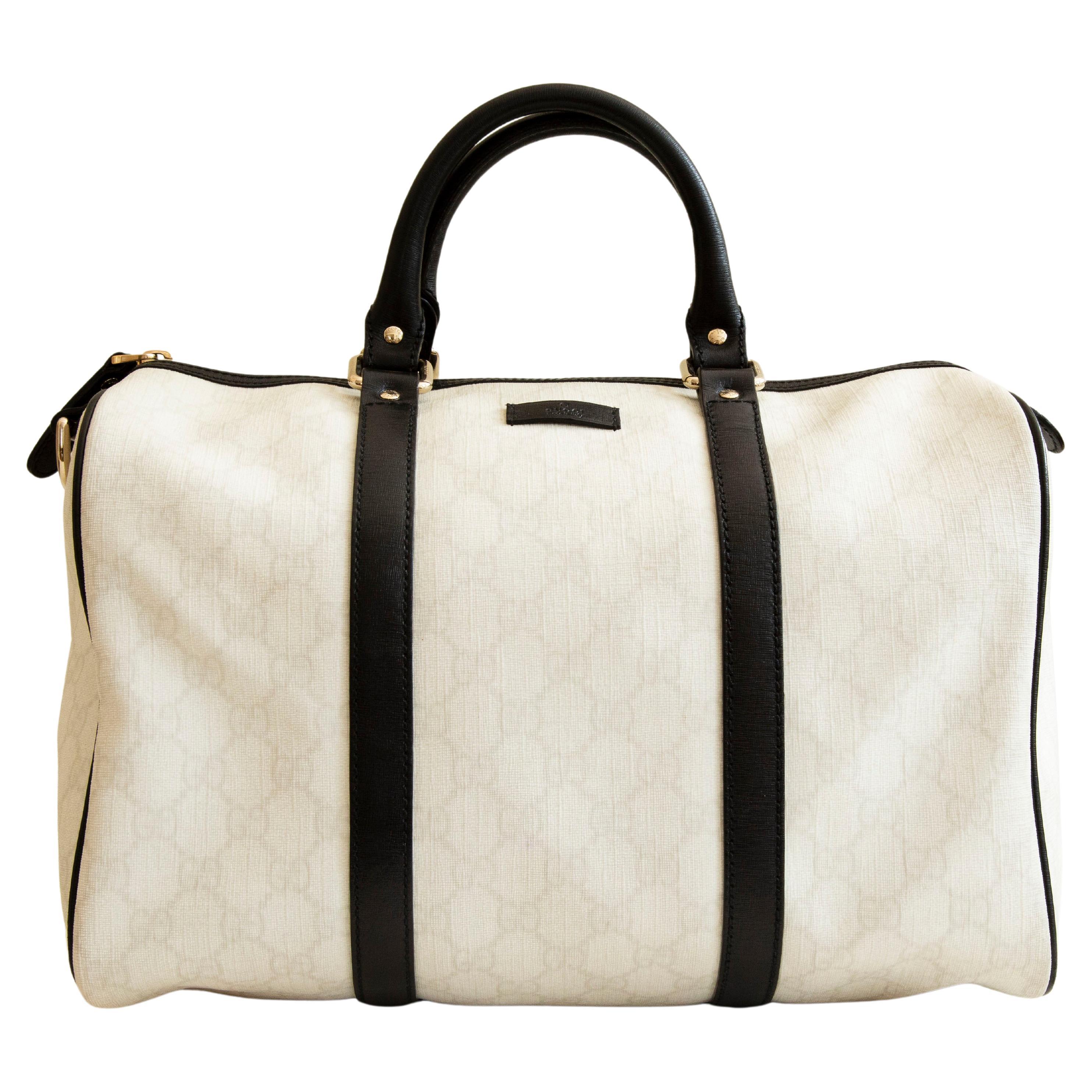 Gucci Medium Joy Boston Bag in White GG Coated Canvas & Black Leather Trim For Sale
