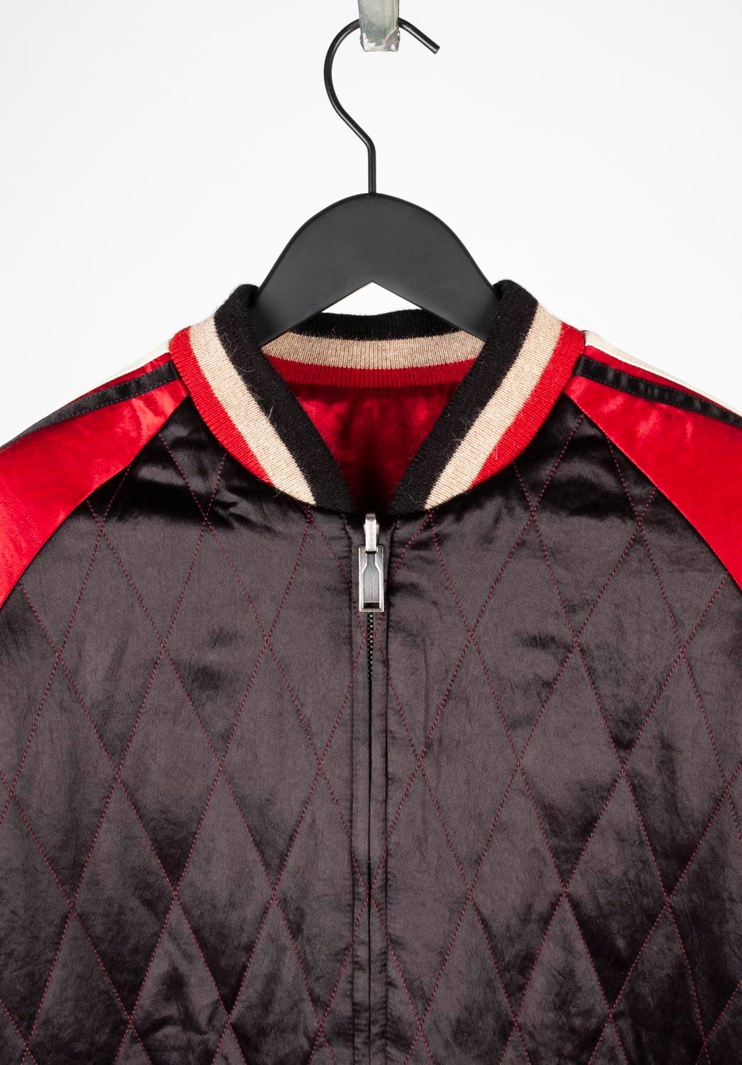 100% genuine Gucci Reversible Bomber Jacket, S668 
Color: multi
(An actual color may a bit vary due to individual computer screen interpretation)
Material: 100% polyamide
Tag size: ITA50, M/L
This jacket is great quality item. Rate 9 of 10,