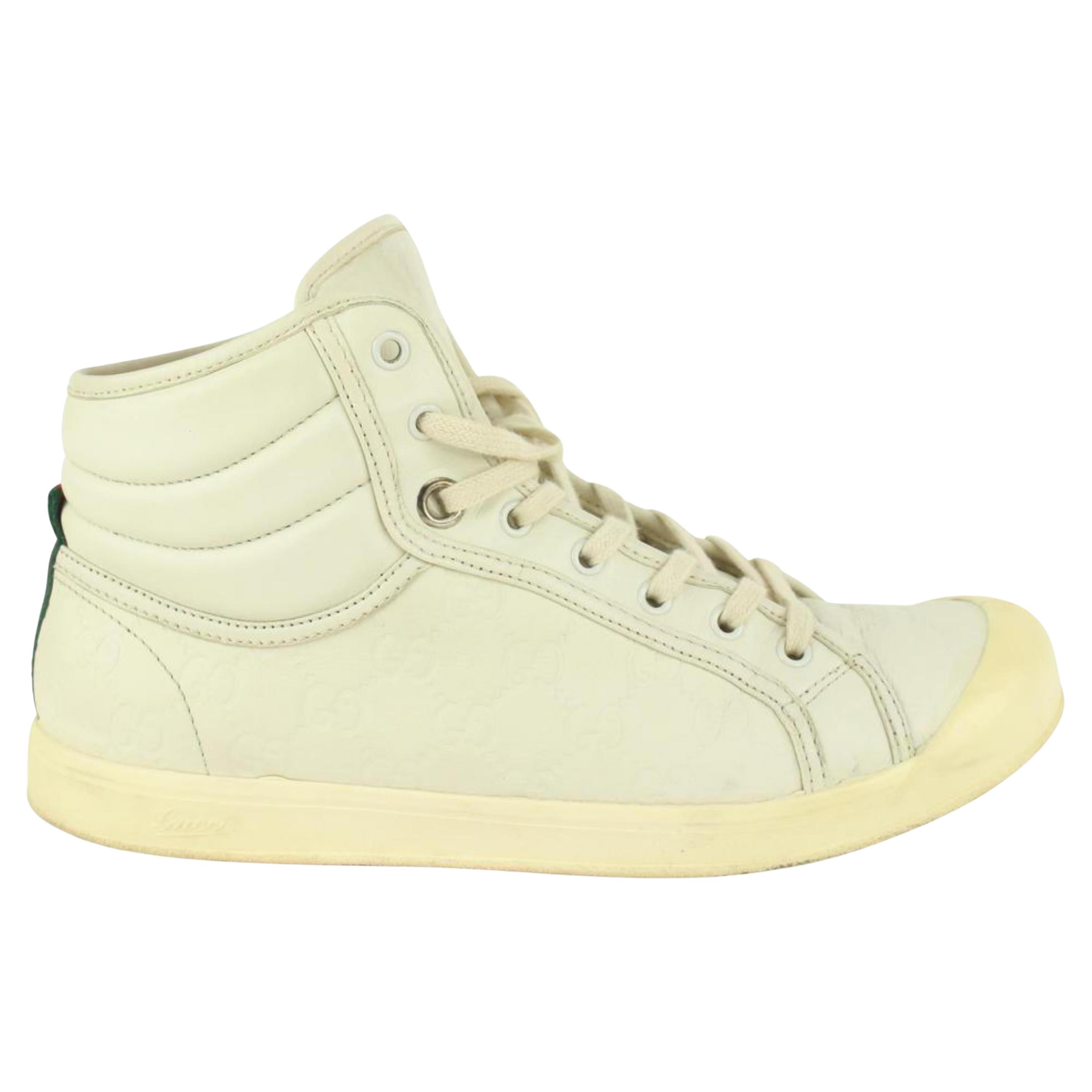 Gucci Men's 8.5 US Ivory Mystic White Guccissima Leather Web Sneaker 1117g6 For Sale