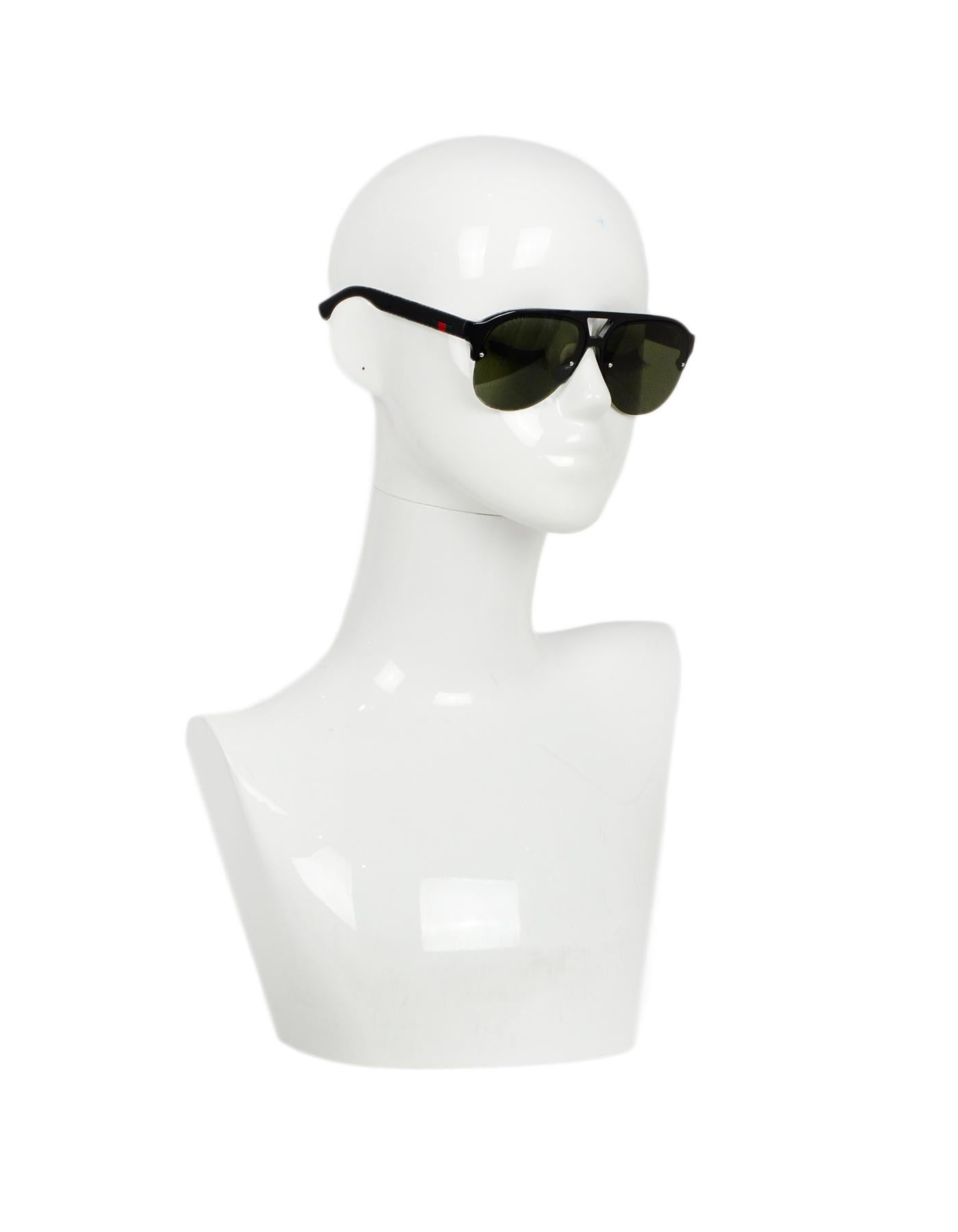 Gucci Men's Black Aviator Sunglasses w/ Web

Made In: Italy
Color: Black
Hardware: Silvertone hardware
Materials: Resin
Overall Condition: New
Estimated Retail: $275
Includes: Case, dust bag, cleaning cloth, receipt
Measurements: 
Length Across