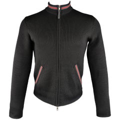 Gucci Men's Black Wool Red and Green Stripe Zip Cardigan