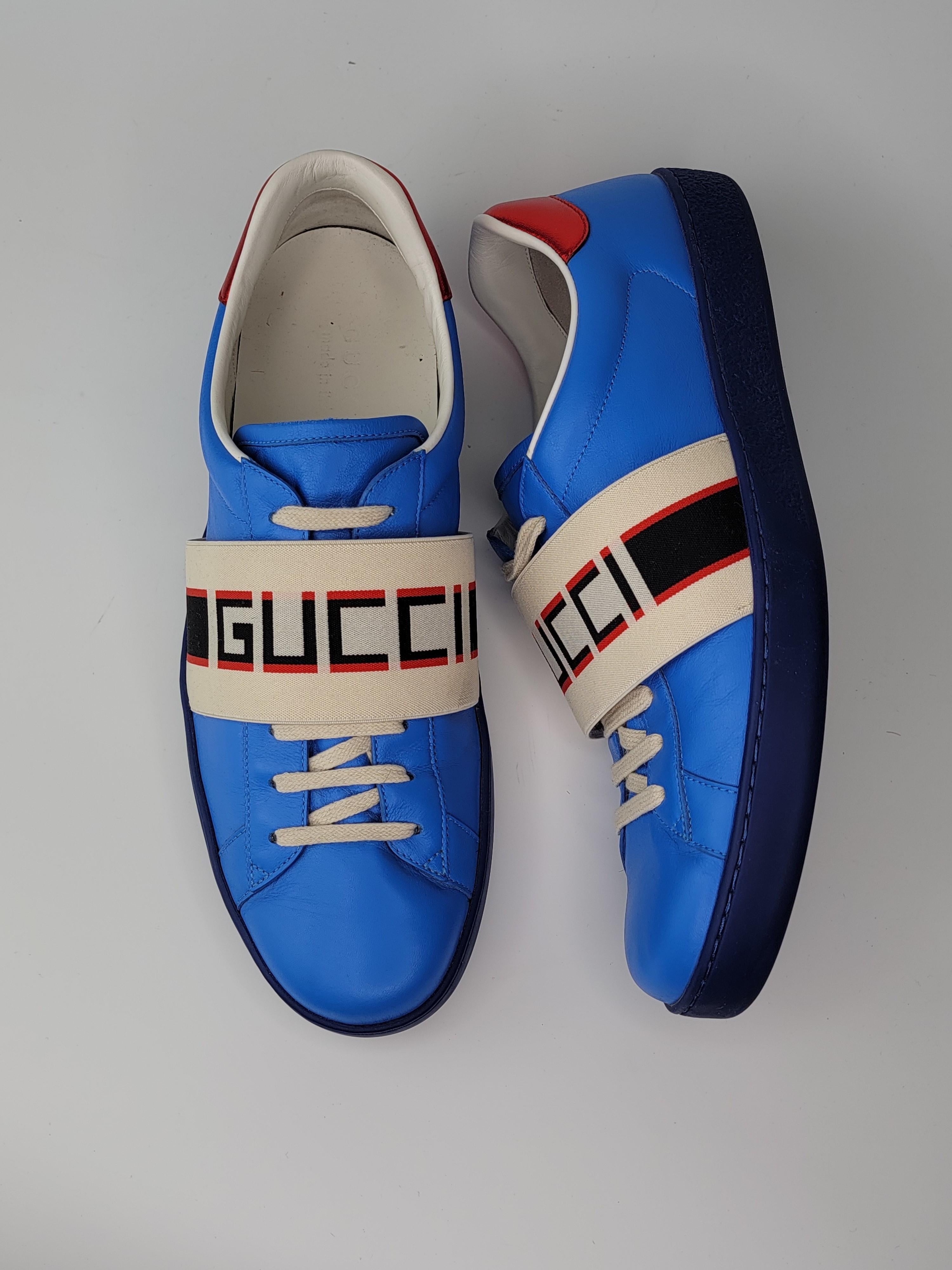 Gucci Mens Blue Red Stripe Lace Up Sneakers (10 US) In Excellent Condition In Montreal, Quebec