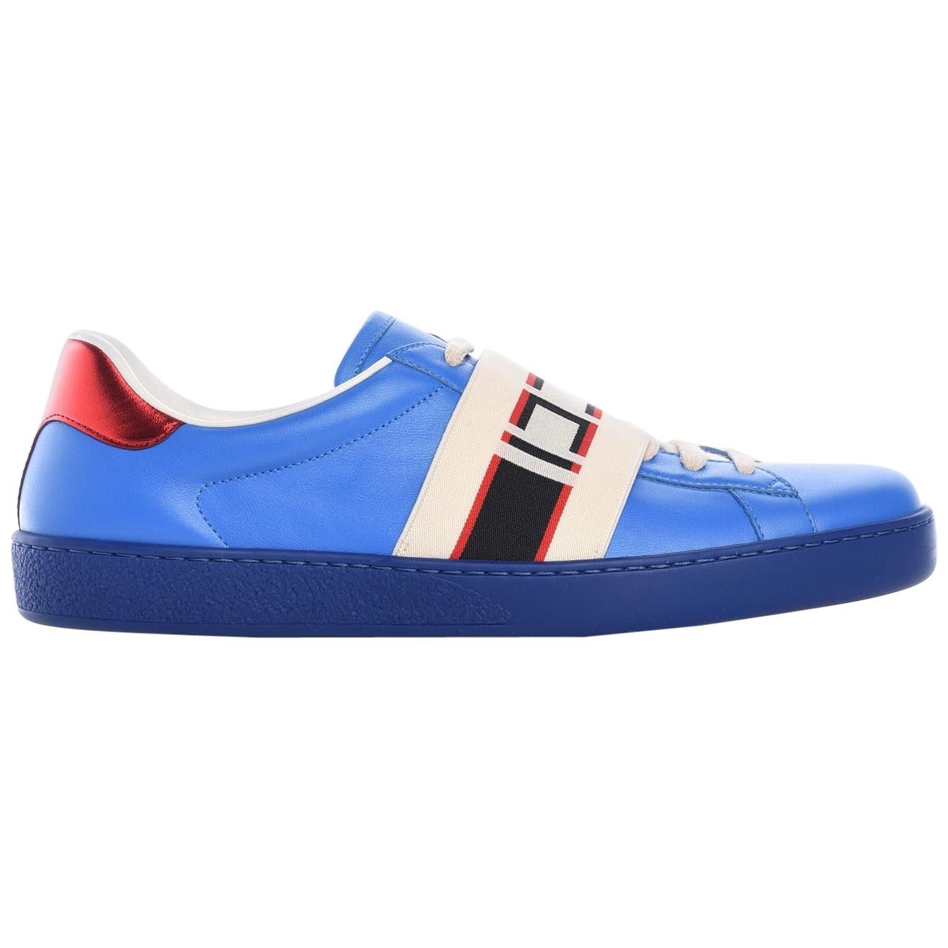 Gucci Mens Blue Red Stripe Lace Up Sneakers (10 US) at 1stDibs | blue shoes, gucci blue shoes, gucci blue red stripe