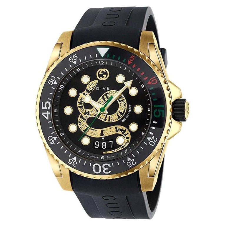 Gucci Men's Dive GoldPlated Snake Dial Black Rubber Strap Watch