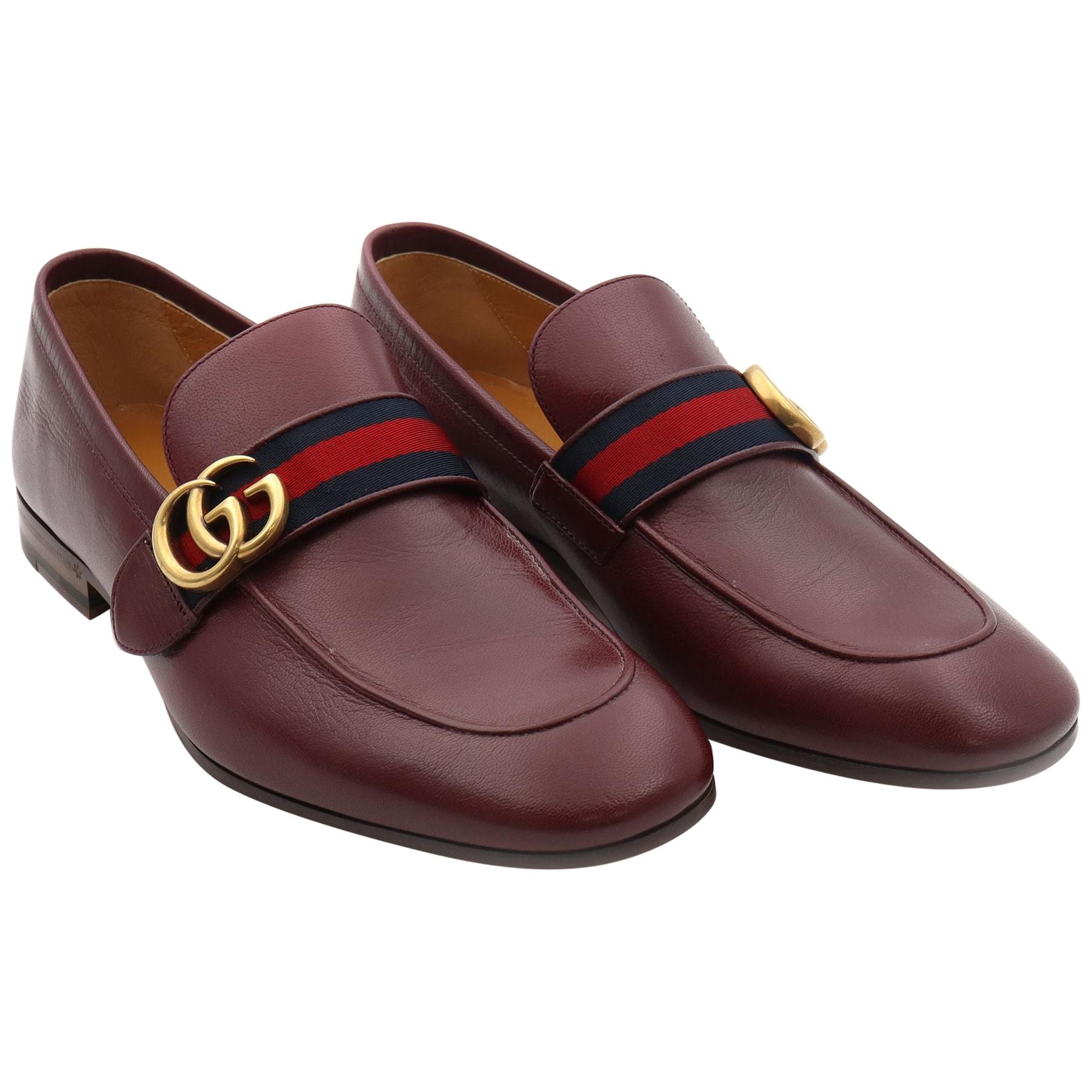 Gucci Men's GG Donnie Web Leather Burgundy Loafers Size 8