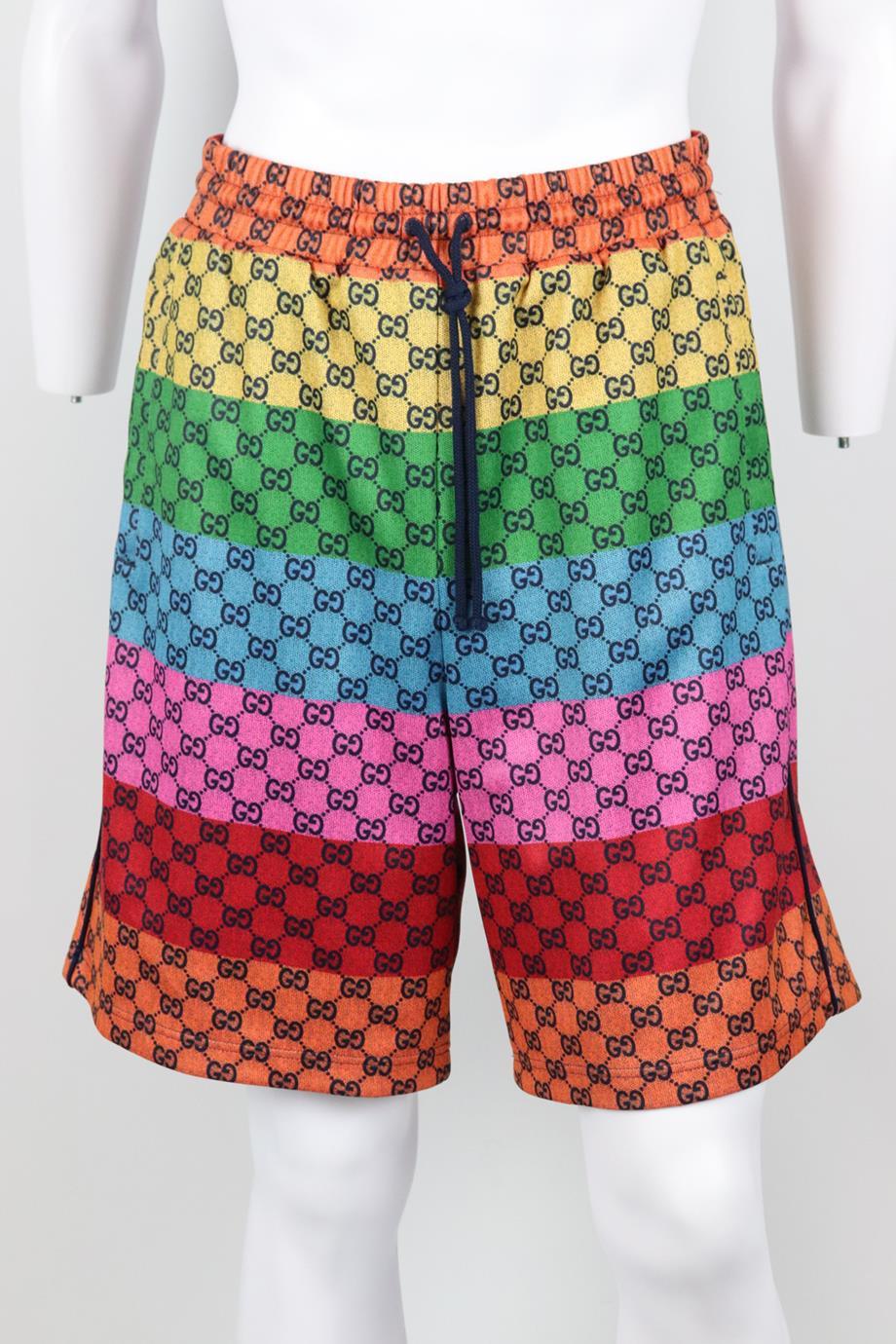 Gucci men's gg jacquard stretch jersey shorts. Multicoloured. Pull on. 55% Polyester, 45% cotton; applications: 100% polyester; lining: 100% polyester. Size: Small (W30, EU 46, UK/US Waist 30). Waist: 28.1 in. Hips: 38 in. Length: 21.8 in. Very good