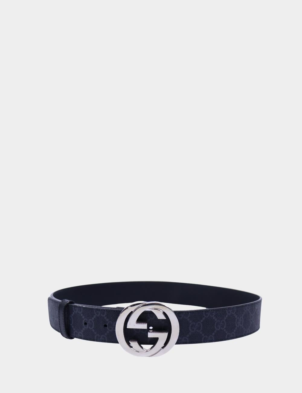 Make a bold designer statement with this Gucci black GG Supreme canvas belt, finished with the iconic silver-tone Double G buckle. Crafted in durable GG monogram canvas with smooth black leather trim, this versatile belt brings instant recognition