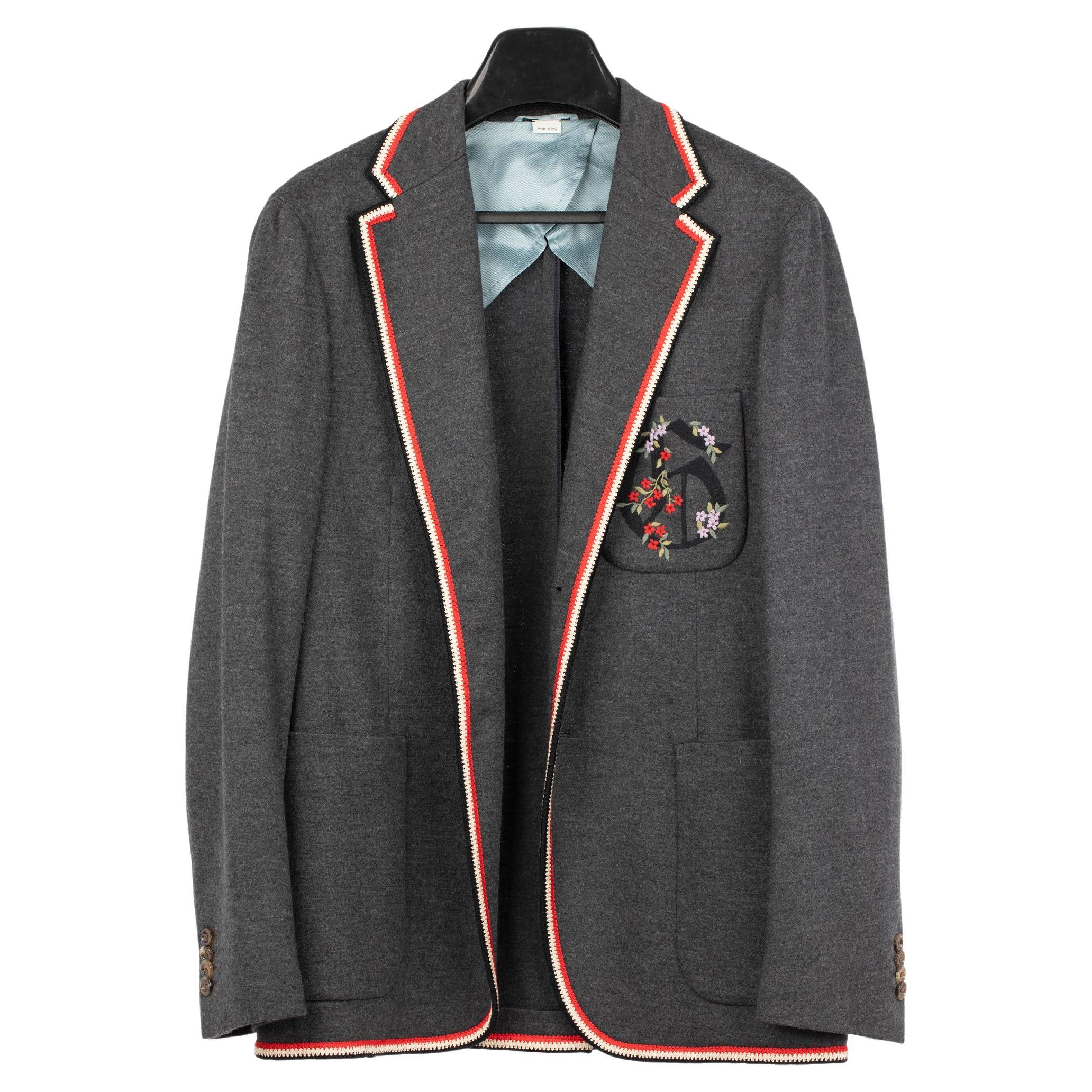 Gucci Mens Grey Blazer With Floral Embroidery 48 IT For Sale