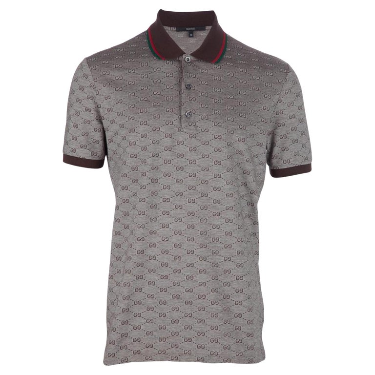 Gucci Men's M Brown Monogram GG Web Collar Polo Shirt Short Sleeve ...