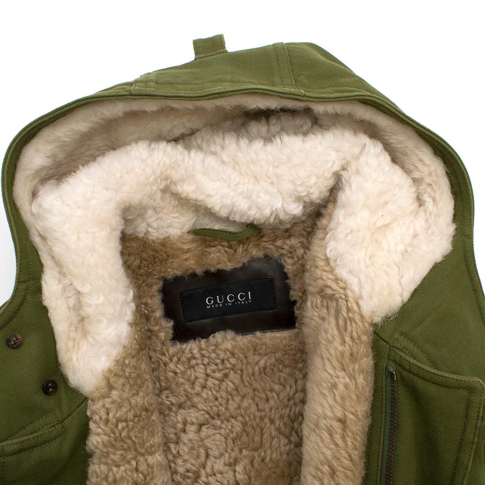 Brown Gucci Men's Shearling-Lined Green Canvas Parka IT 48