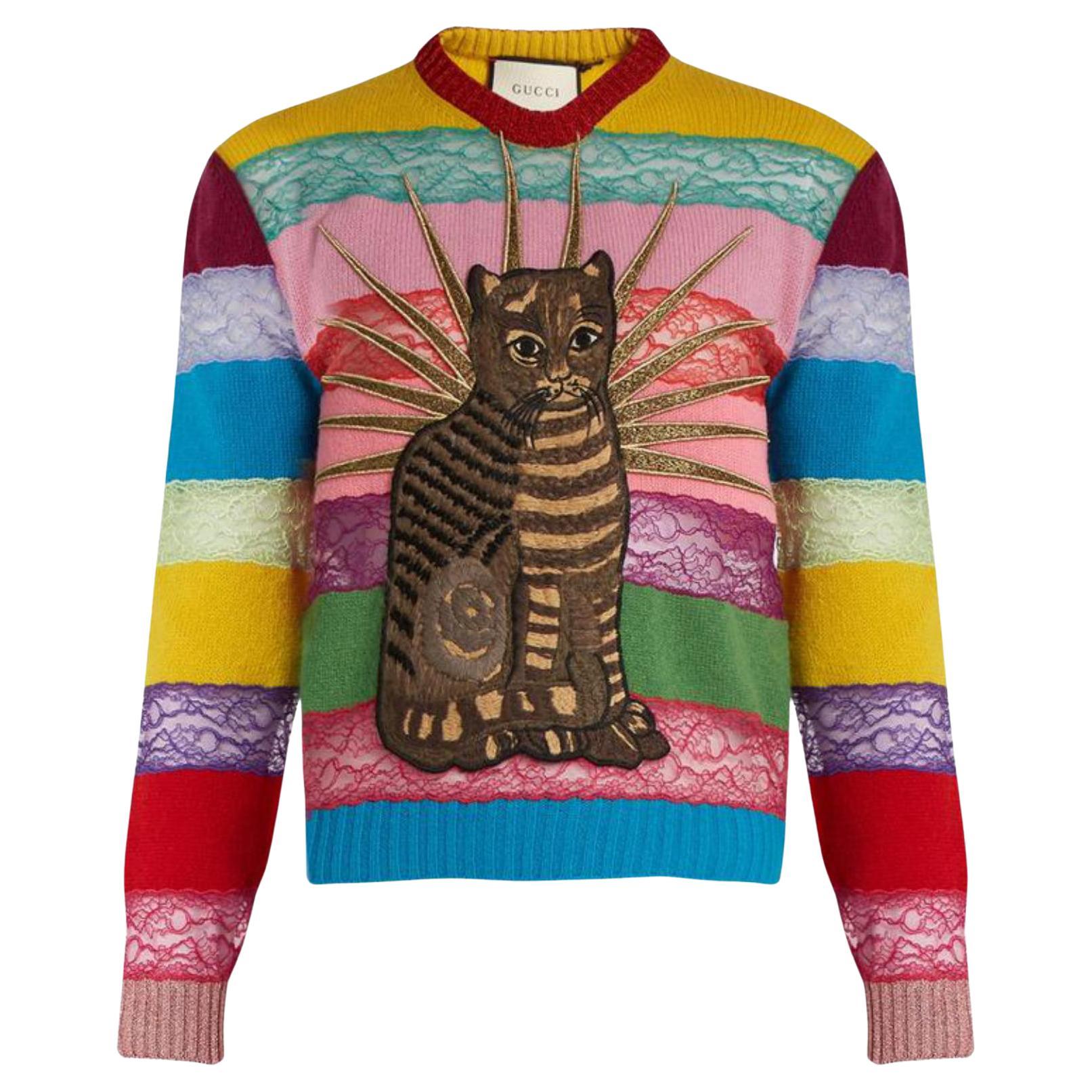 Gucci Men's Small Runway Cat Applique Panelled Lace and Wool Sweater 124g12 For Sale