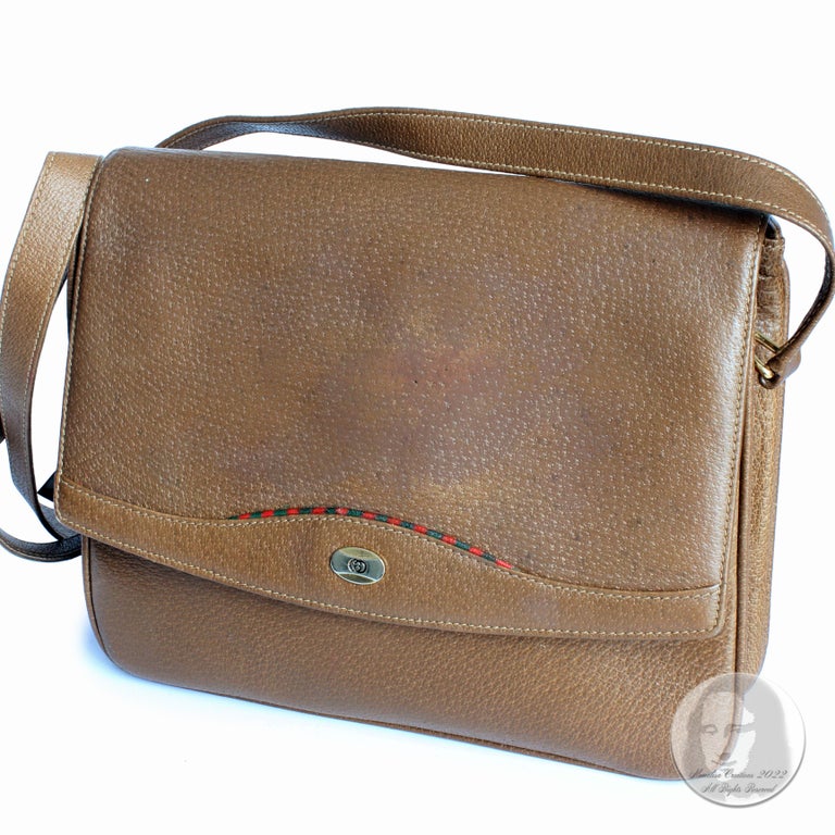 Gucci Messenger Bag Crossbody Brindle Pigskin Leather Web Trim Rare Vintage 80s For Sale 1