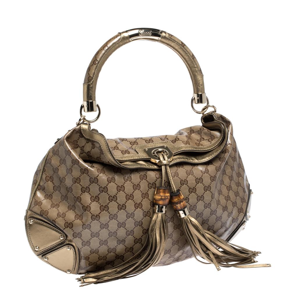 Gucci Metallic/Beige GG Crystal Canvas and Leather Large Indy Hobo In Good Condition In Dubai, Al Qouz 2