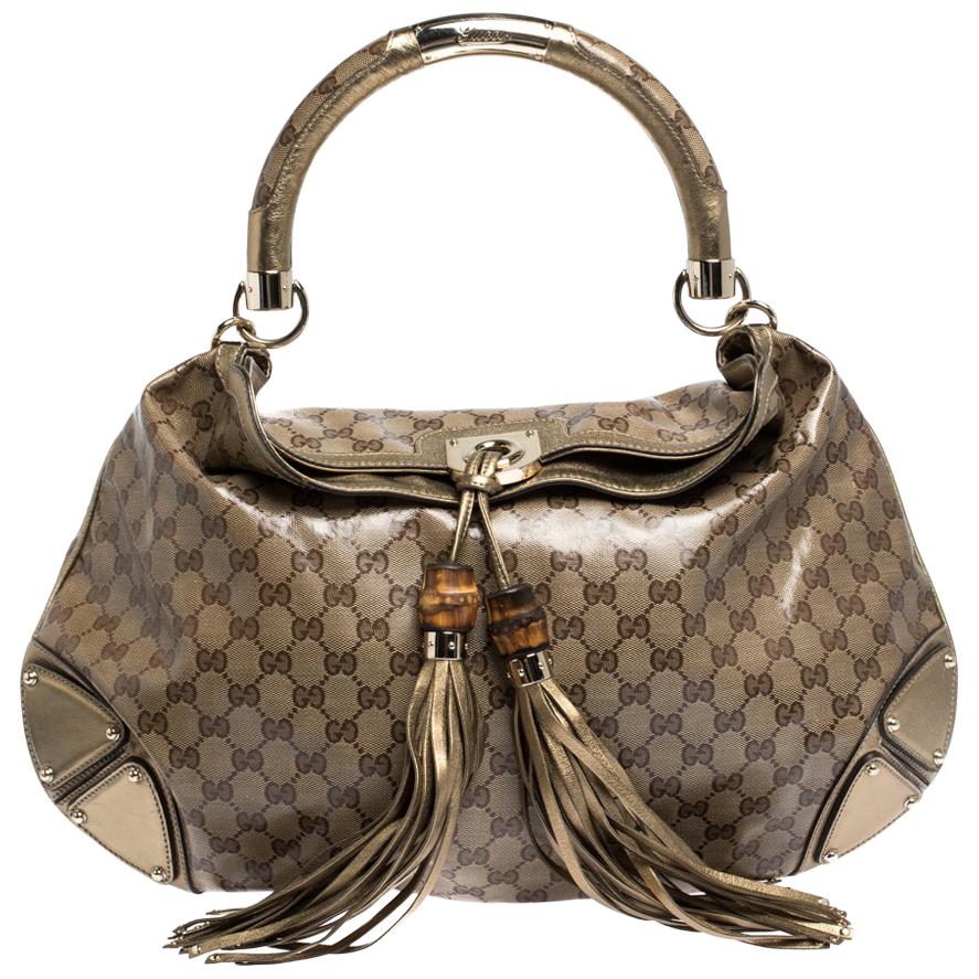 Gucci Metallic/Beige GG Crystal Canvas and Leather Large Indy Hobo