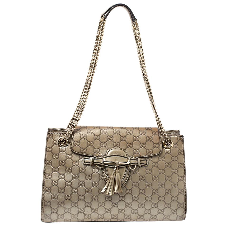 Gucci Metallic Beige Guccissima Leather Large Emily Chain Shoulder Bag