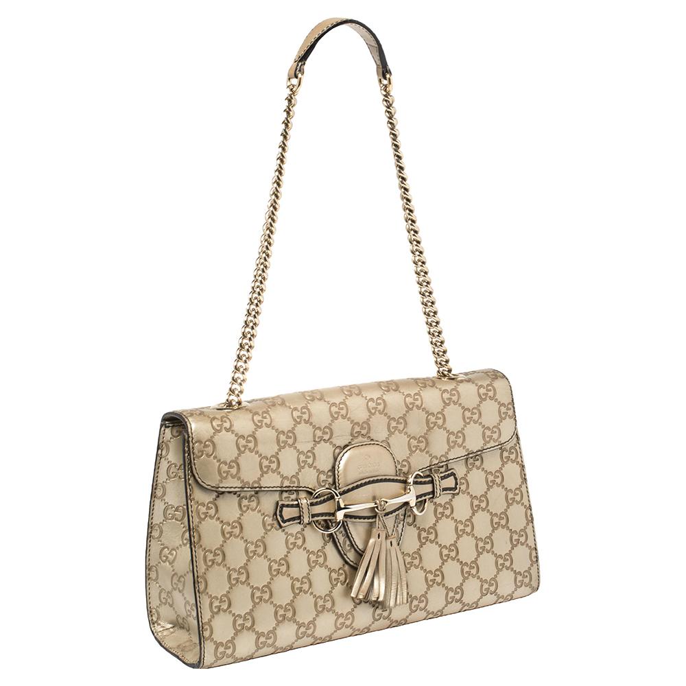 Gucci Metallic Beige Guccissima Leather Medium Emily Shoulder Bag In Good Condition In Dubai, Al Qouz 2