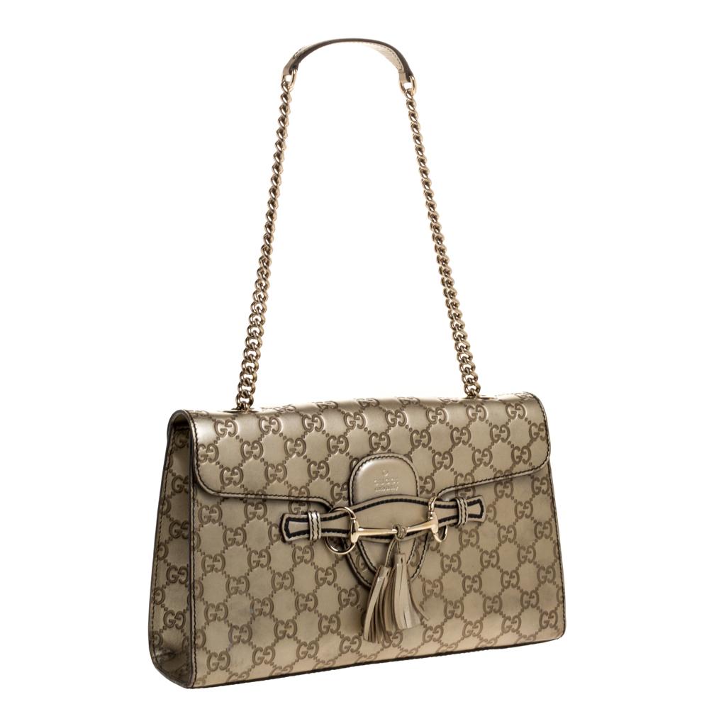 Women's Gucci Metallic Beige Guccissima Leather Medium Emily Shoulder Bag