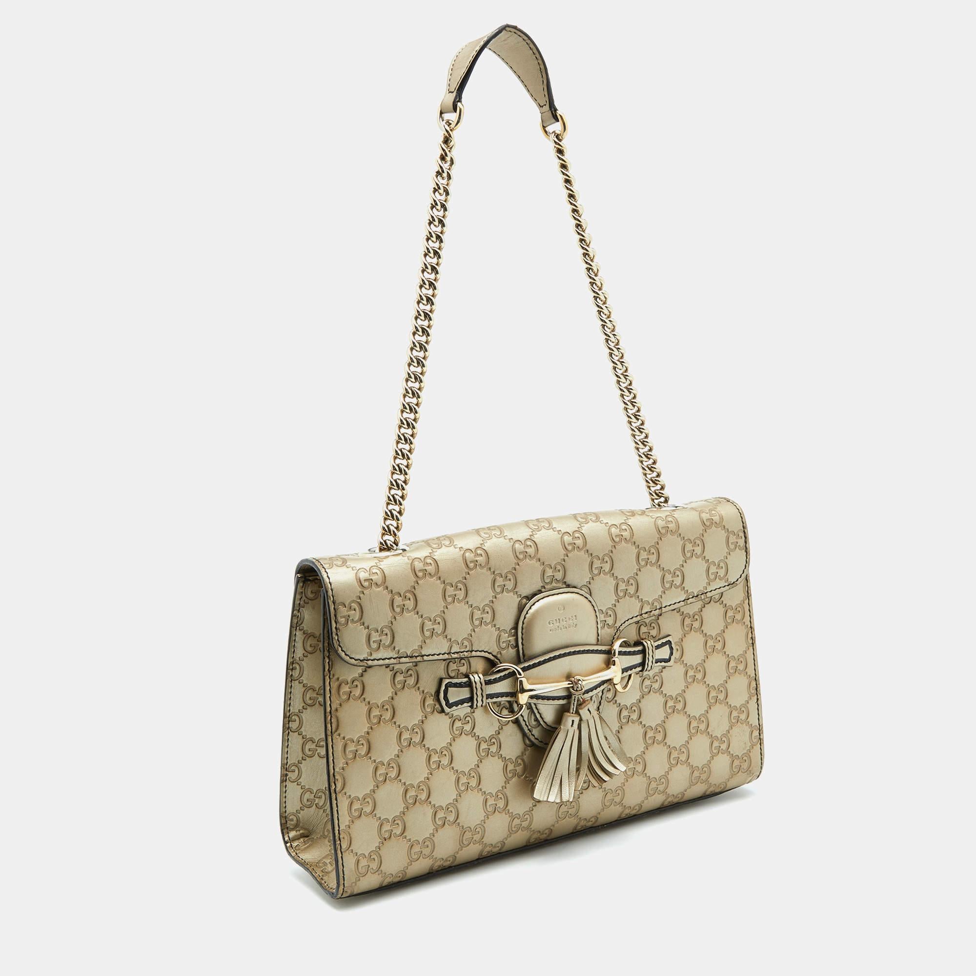 Gucci Metallic Beige Guccissima Leather Medium Emily Shoulder Bag In Fair Condition In Dubai, Al Qouz 2