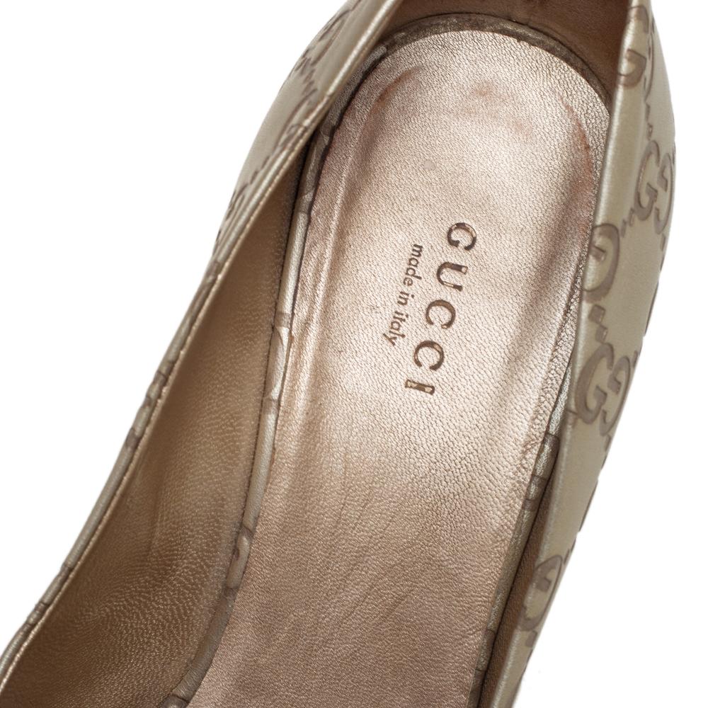 Gucci Metallic Beige Guccissima Leather Peep Toe Bow Pumps Size 38 3