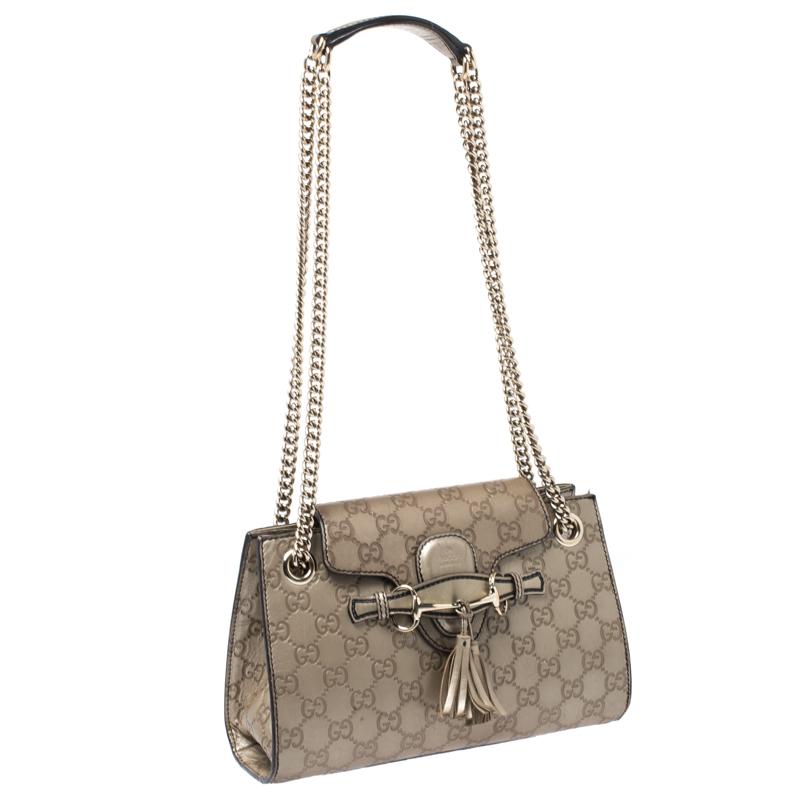 Gucci Metallic Beige Guccissima Leather Small Emily Chain Shoulder Bag In Good Condition In Dubai, Al Qouz 2