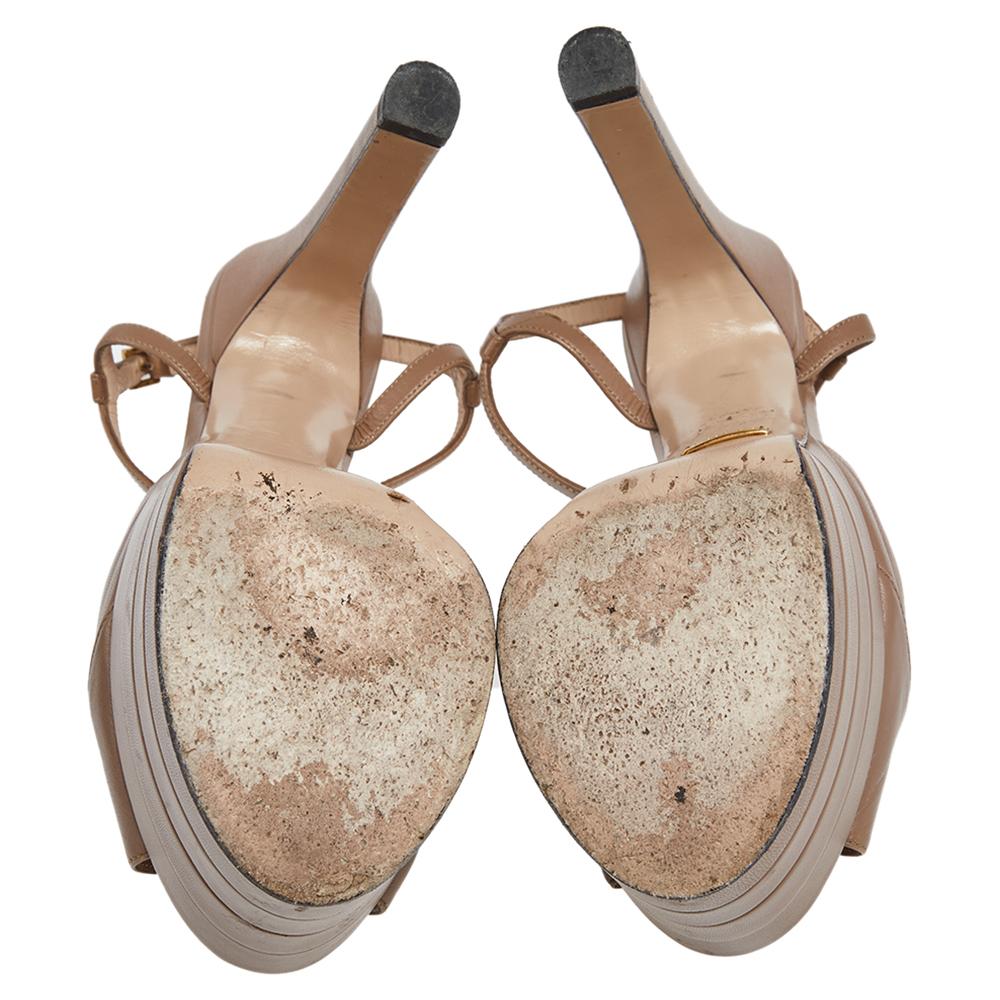 Women's Gucci Metallic Beige Leather Angel T Strap Platform Sandals Size 38.5