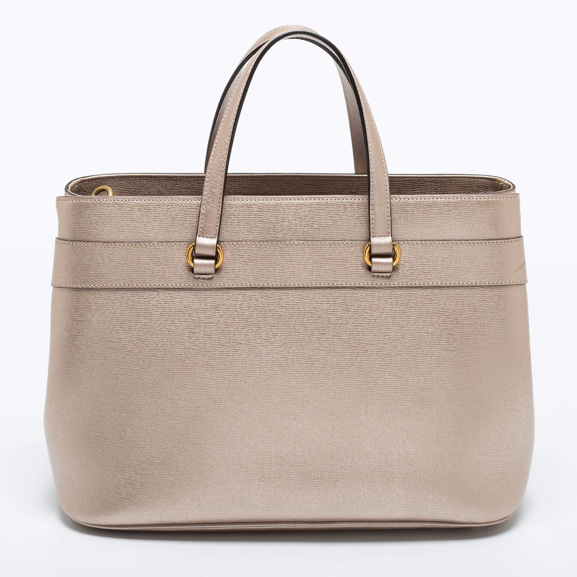 Gucci Metallic Beige Leather Bright Bit Tote 5