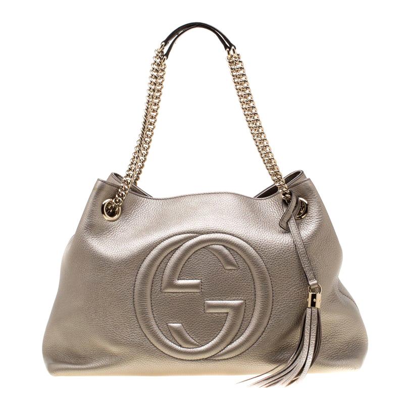 Gucci Metallic Beige Leather Medium Soho Tote