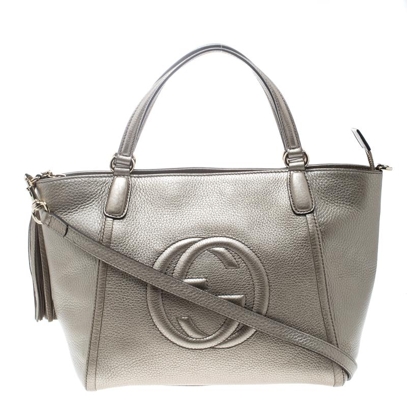Gucci Metallic Beige Leather Soho Top Handle Bag